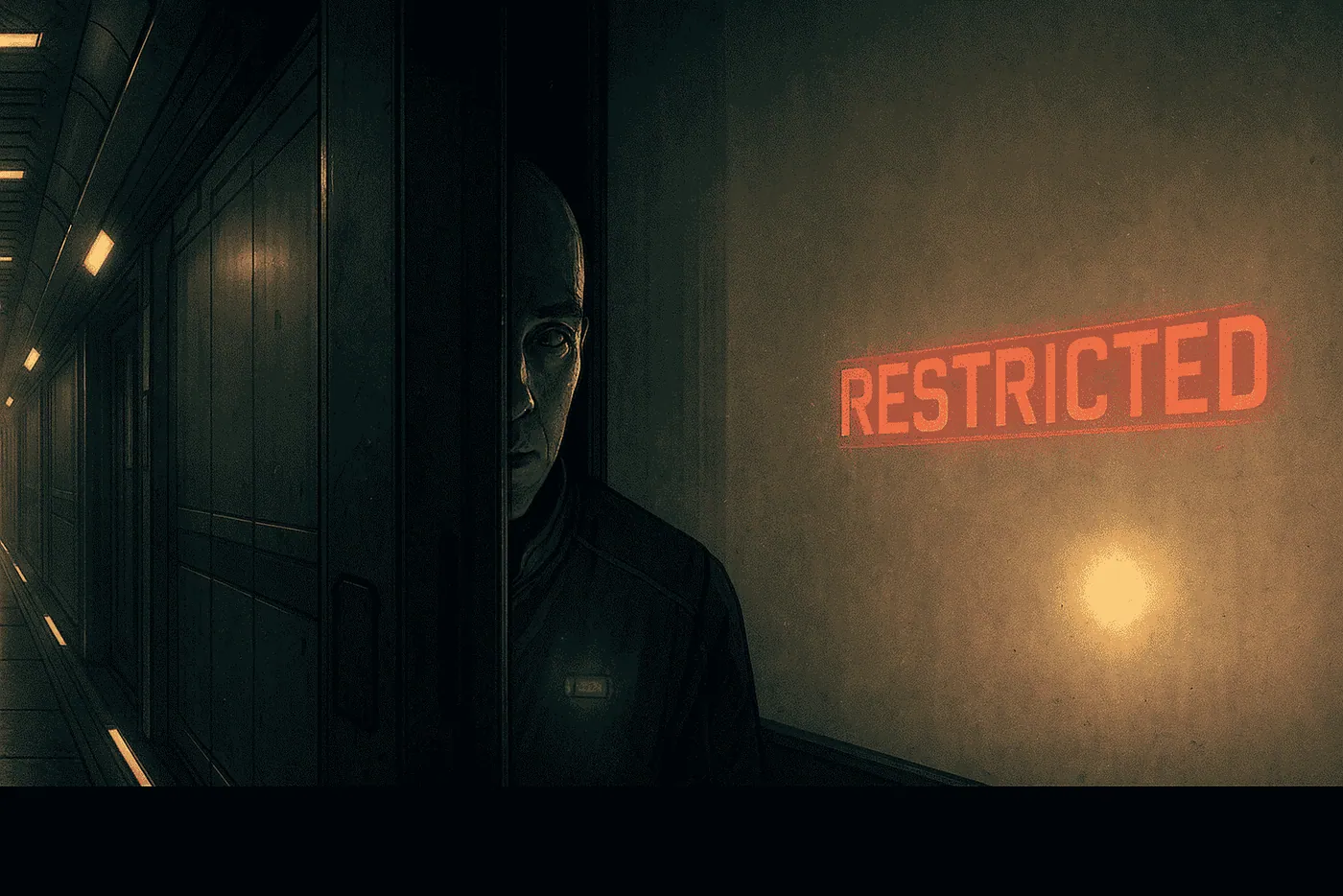 A dim corridor lined with metal panels; a sliding door is cracked just wide enough to reveal a cautious face peering in. On the opposite wall, a red hologram reads “RESTRICTED,” its glow reflecting across the dusty surface.