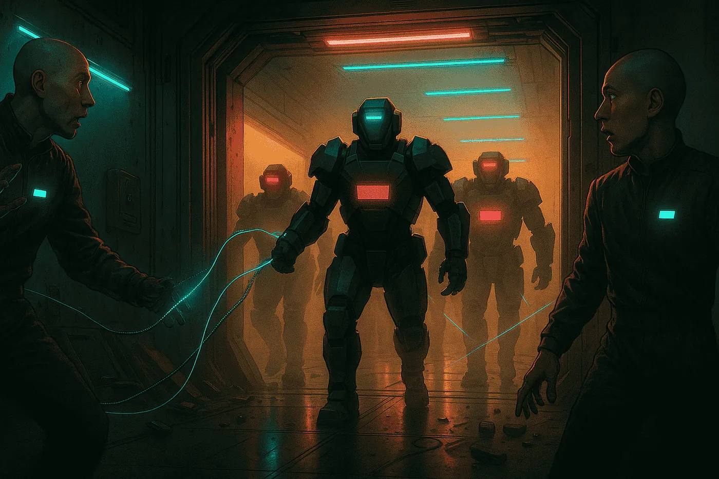 Four armored security robots advance through a breached doorway, cyan visors and red chest panels glowing. In the foreground, two human workers recoil as neon-blue tether cables lash toward their necks amid scattered debris and orange back-light.