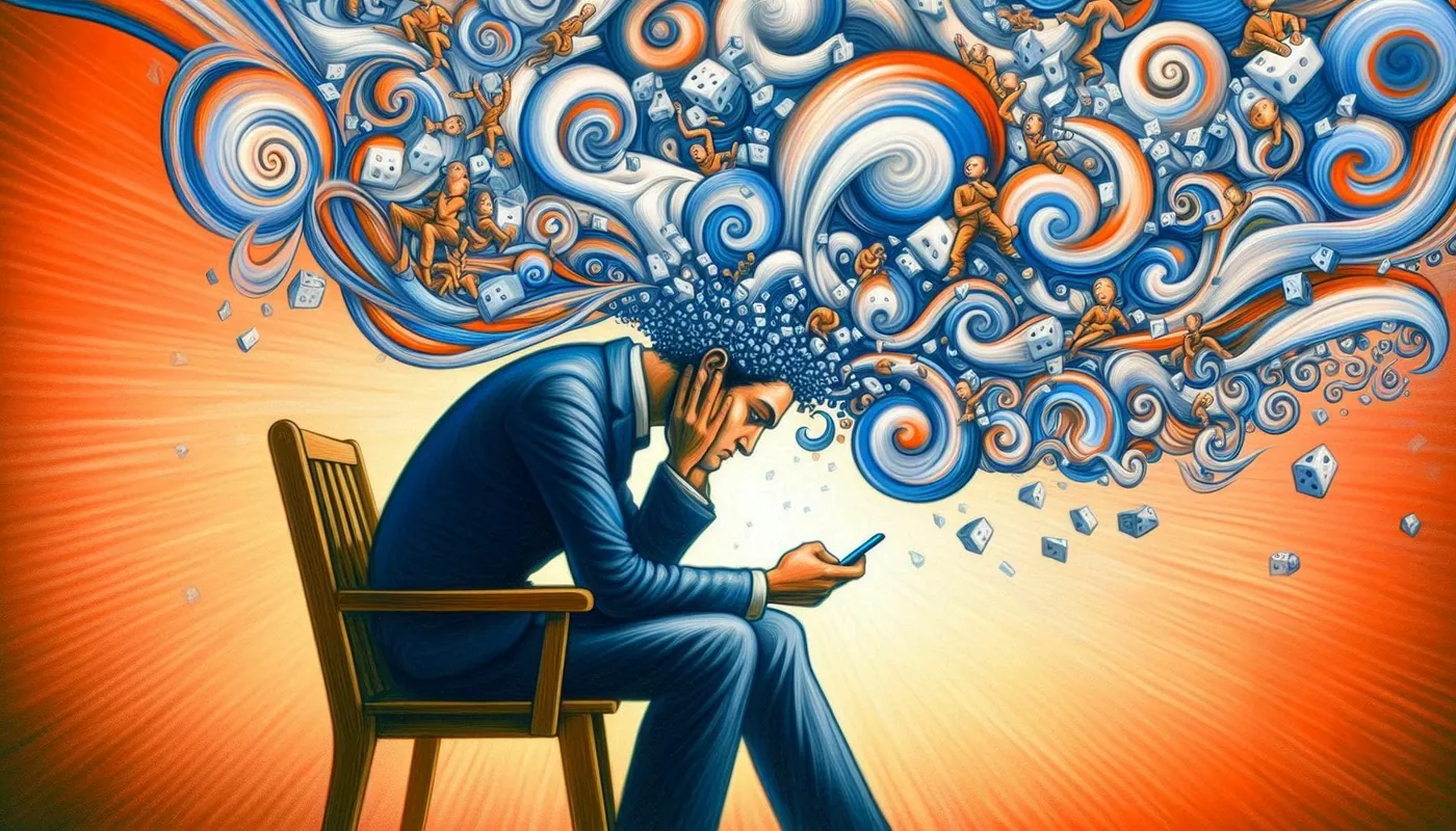 A stylized representation of a person watching smartphone looking drained with cognitive overload, while the short form content in social media is depicted as tiny figures, swirls around them. The subject should be at the center. Image should be minimalistic.