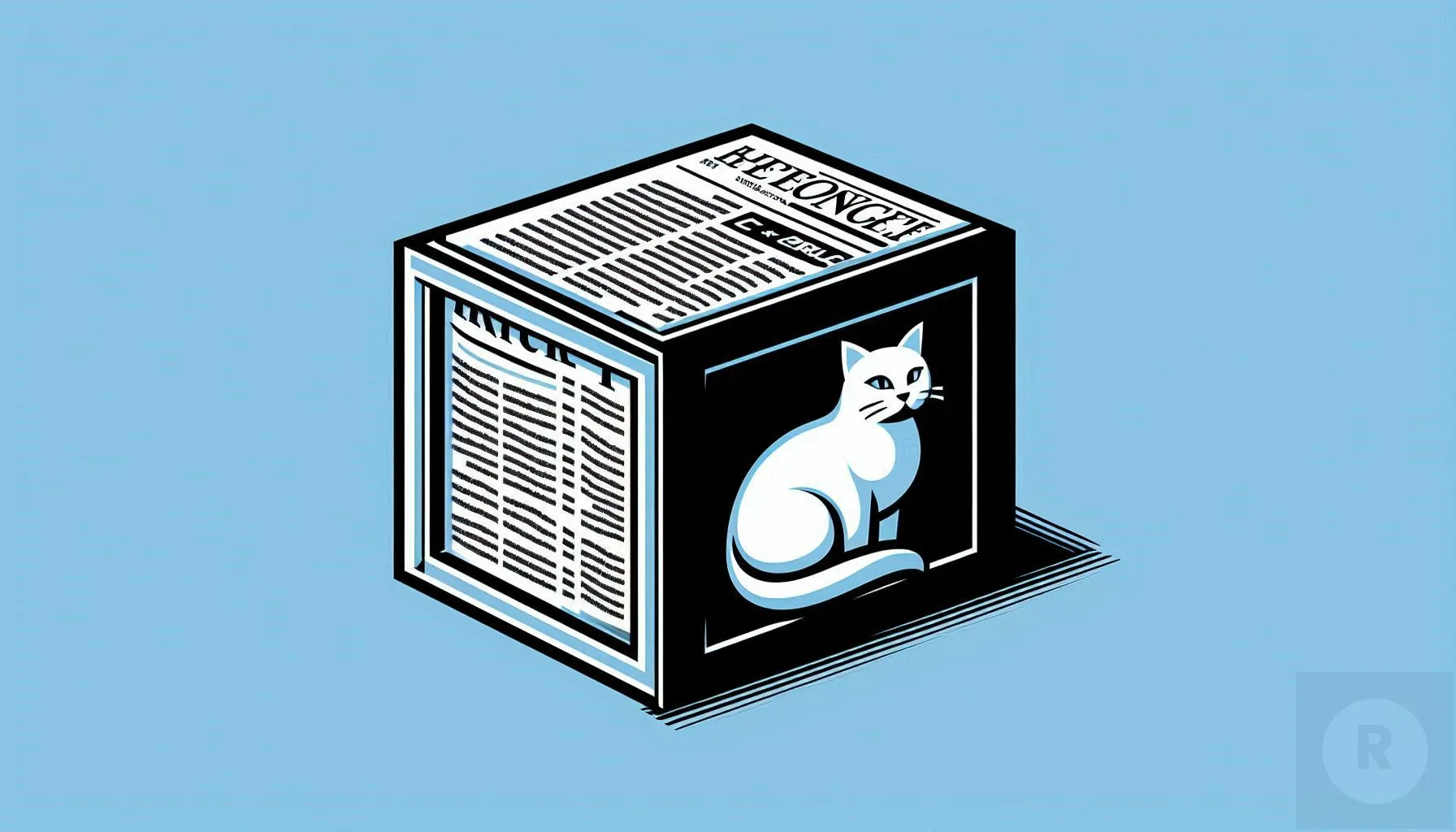 A stylized representation of Schrödinger's cat in a box, but instead of a cat, have a newspaper or magazine inside. This could be partially visible, playing on the idea of content existing in a state of potential relevance.
